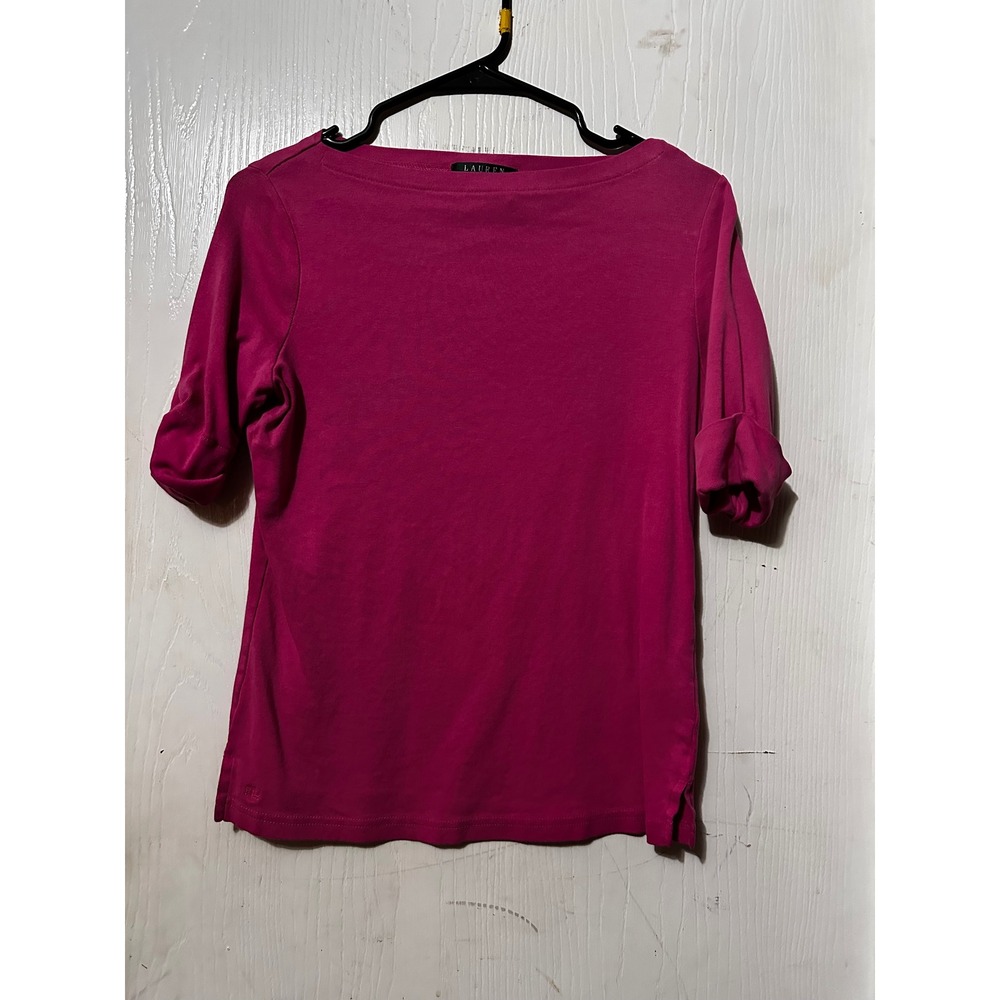 Lauren Ralph Lauren Magenta Pink Boat Neck Cotton Cuffed Sleeve Top Large
